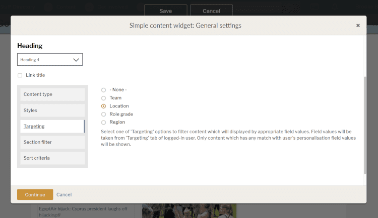 content targeting options in the general settings widgets