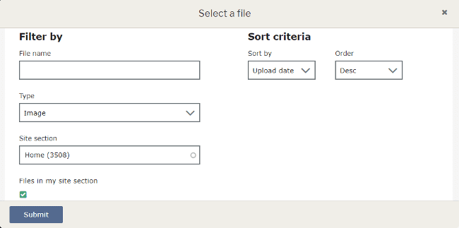 File select screen on site sections