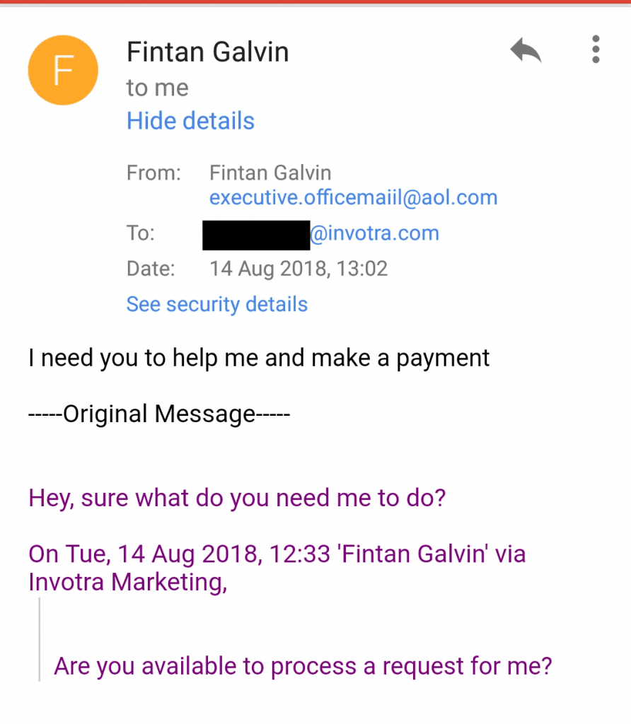 phishing email received by Invotra