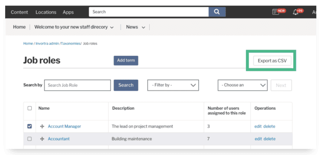 job roles export as csv screenshot