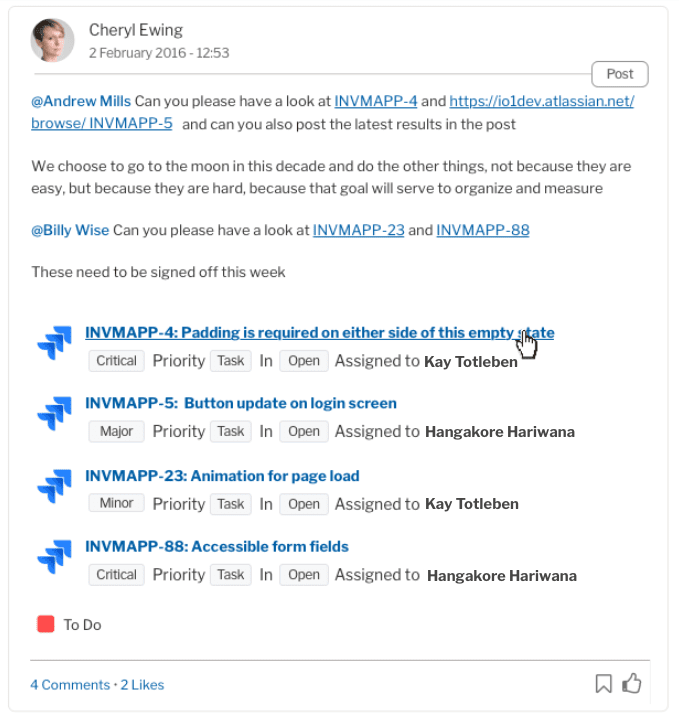 An example of the Jira integration in action