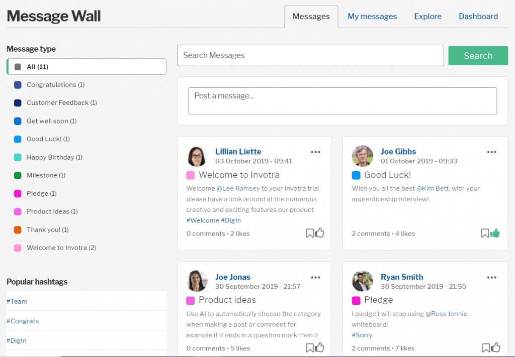 Message wall displaying user messages, message types and hashtags