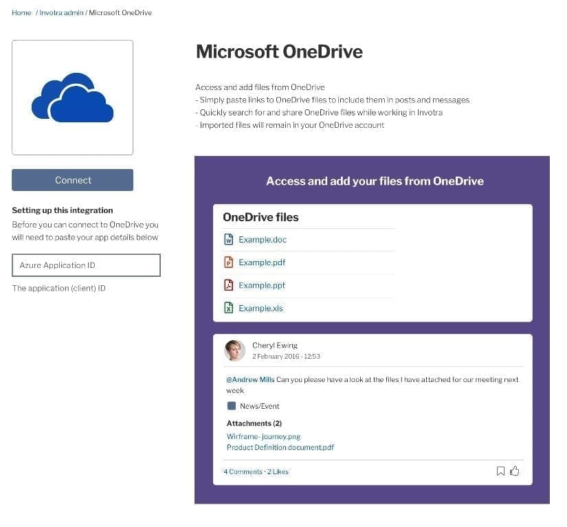 One drive integration page with connect button and sample one drive files available to access or add