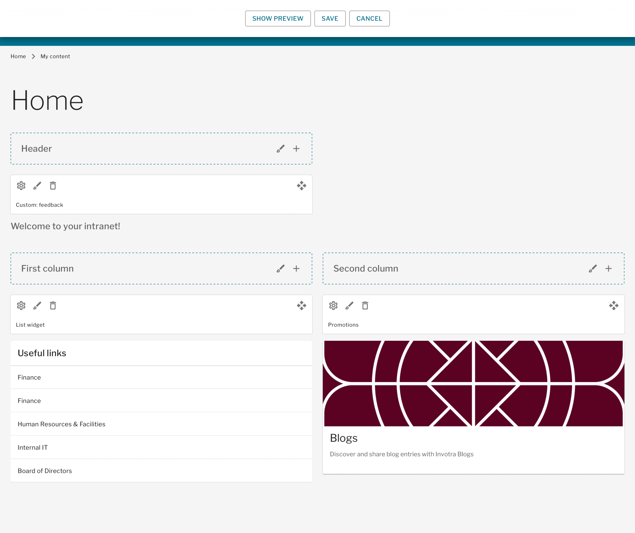 In place editor page with layout customisation