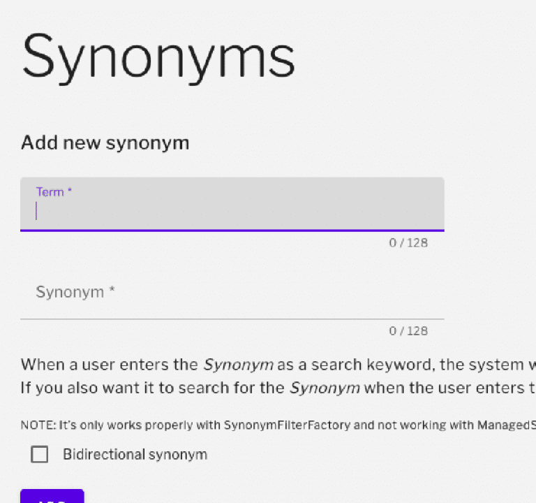 Synonyms admin page with add new synonym field