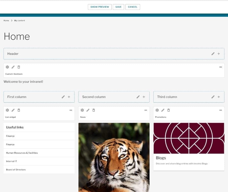 In place editor page with layout customisation