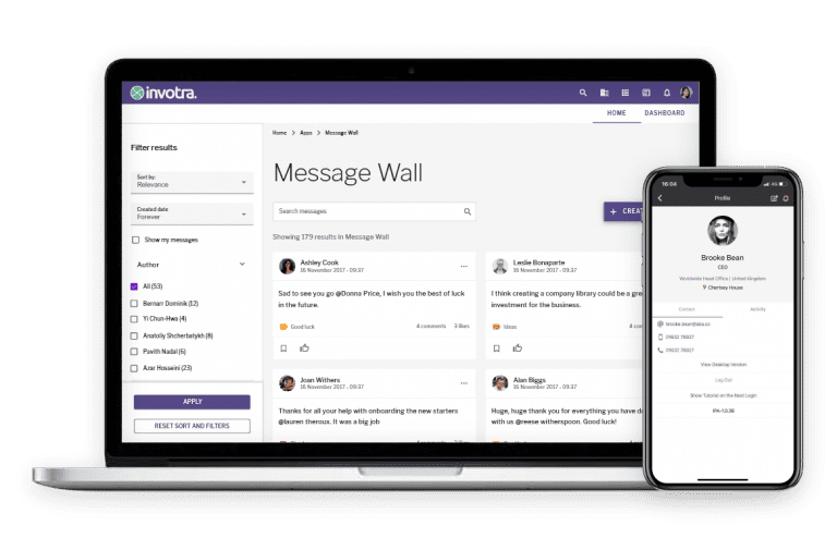 Laptop and Mobile with intranet message wall and a profile page displayed