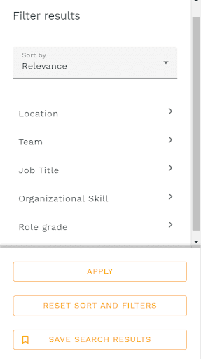 Search filter showing sort by field with relevance selected and location, team, job title, organisational skill and role grade