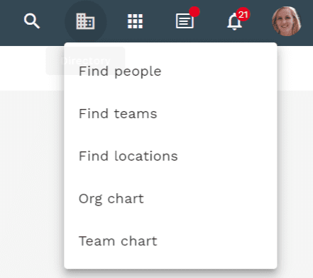 Workbar directory icon with find people, find teams, find locations, org chart and team chart links in dropdown menu