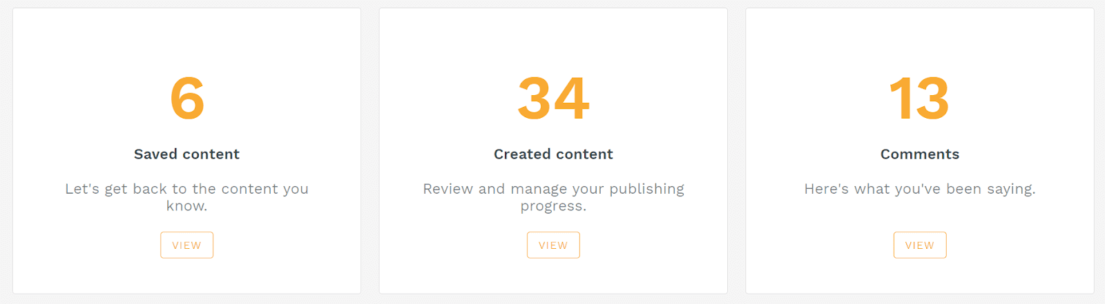 My content dashboard showing the numbers of saved content, created content and comments, with a view button for each content type