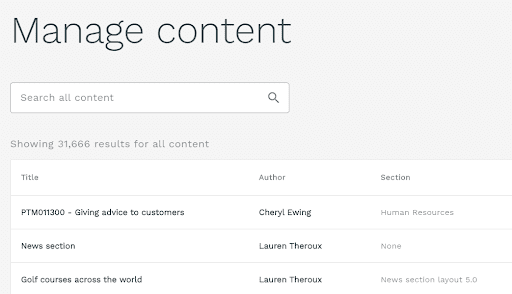 Manage content table showing title author and section of content