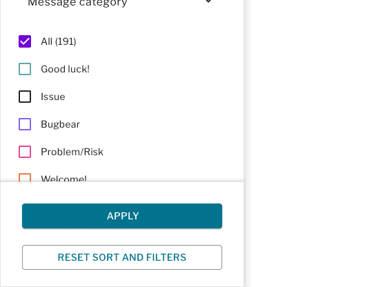 Filter drawer containing message categories and apply and reset buttons