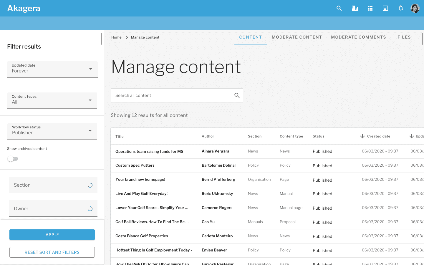 Material Design Manage Content page with search filters and a list of all content titles, created and updated dates, authors and sections