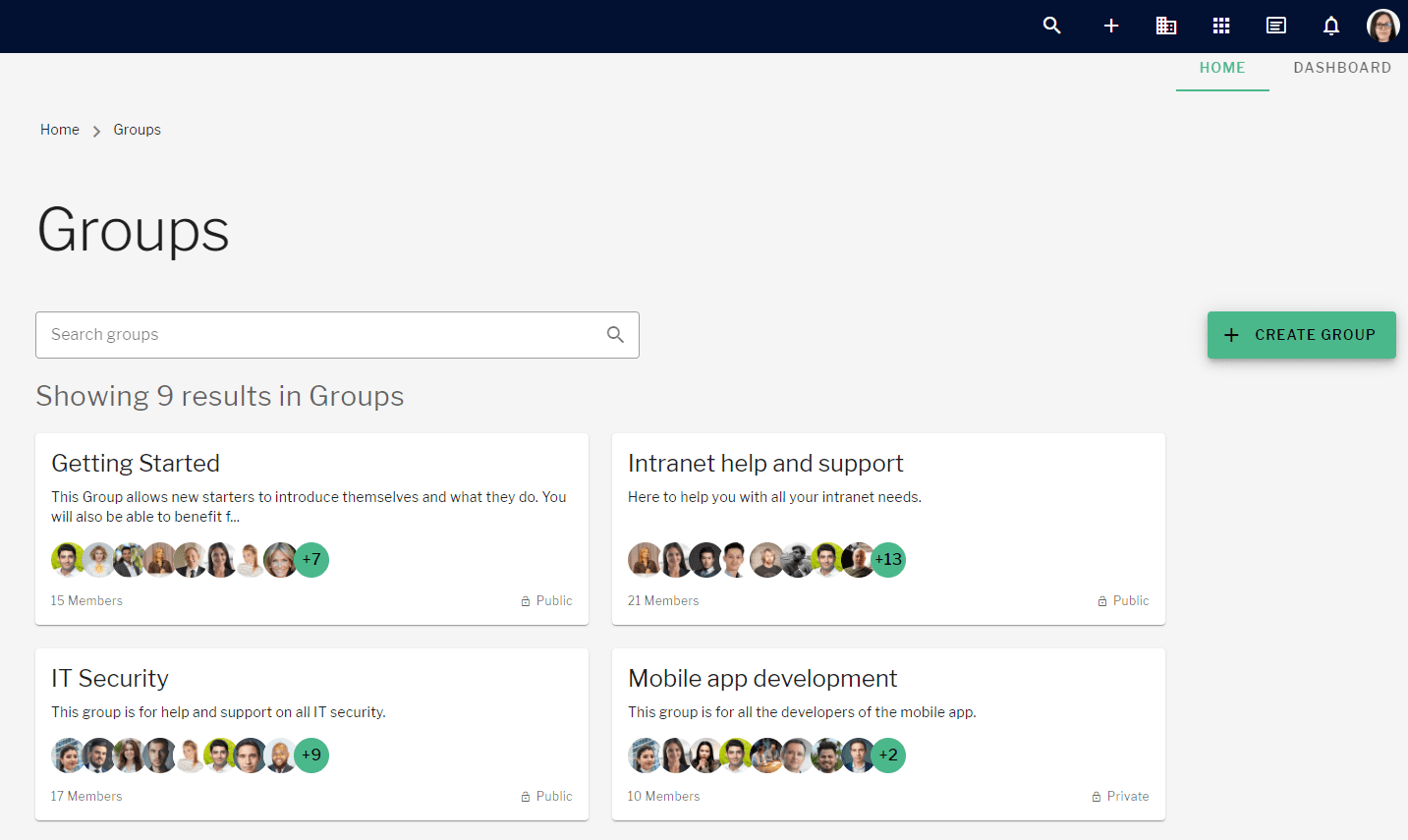 Groups landing page