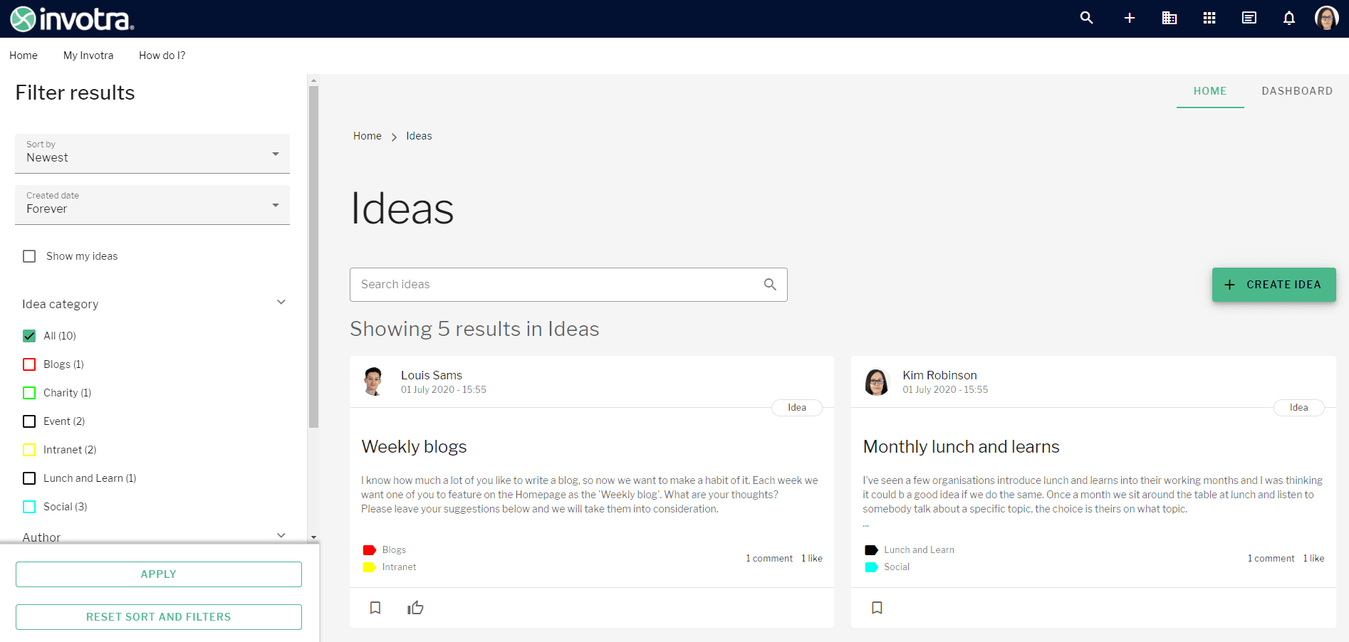 Landing page for Ideas application