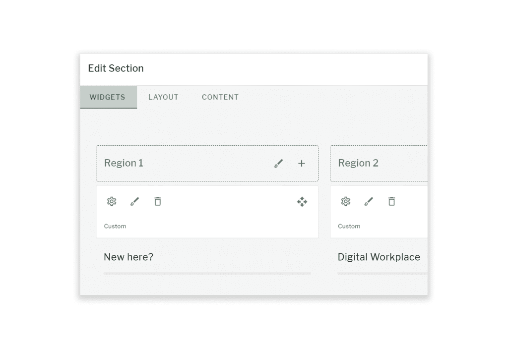 Edit section page with widget, layout and content tabs