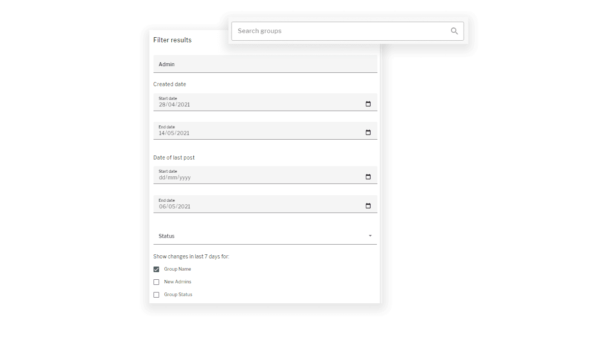Manage groups filters for created date and updated date, status and changes made in the last 7 days