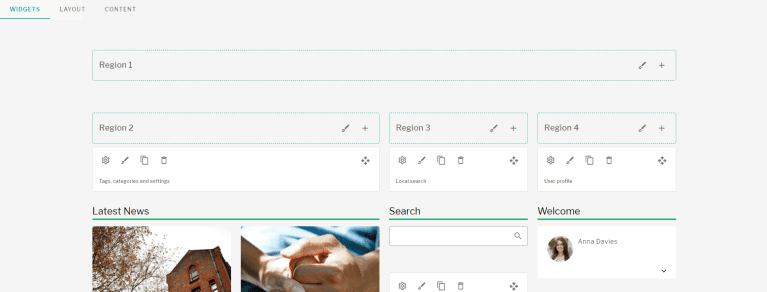 Invotra intranet's Inplace editior with spaces to drag and drop widgets