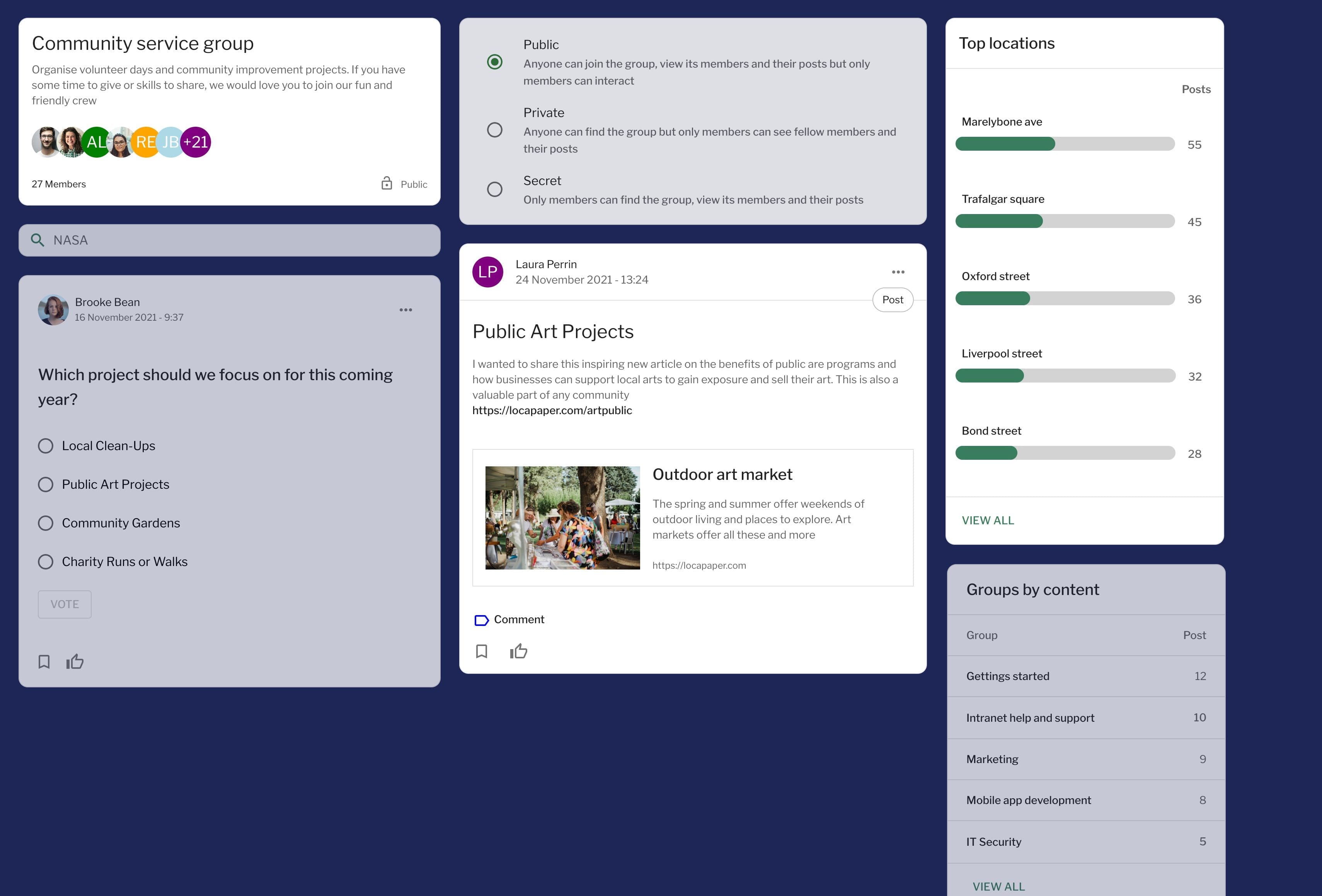 Groups app, features pictured including a group card and sample posts and polls and responses.